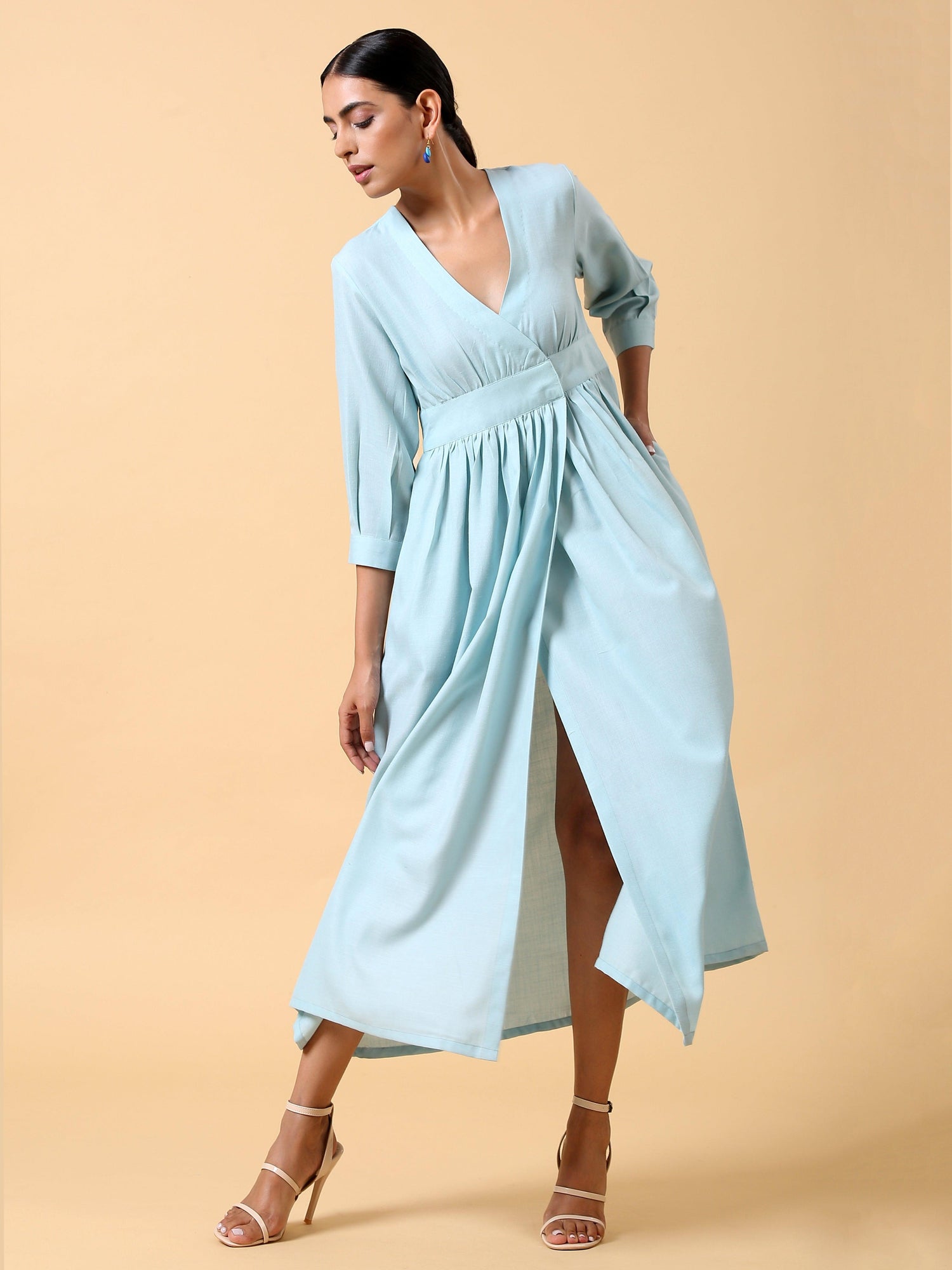 Cotton Linen Light Blue Wrap Dress - trueBrowns