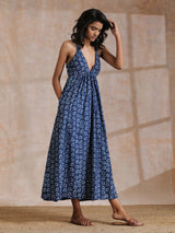Indigo Dabu Floral Print Cotton Sleeveless Dress
