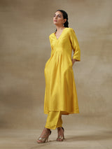 Yellow Textured Silk Overlap Pleat Kurta Pant Set