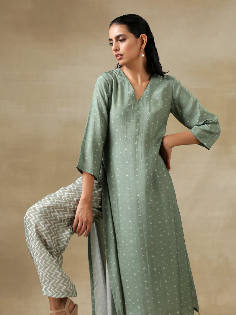 Light Green Bandhani Printed Silk High Slit Kurta Pant Set
