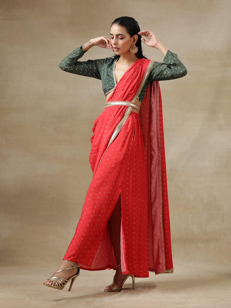 Red Bandhani Printed Silk Skirt Stitched Saree with Belt