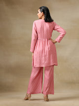 Light Mauve Bandhani Printed Silk Flared Kurta Pant Set
