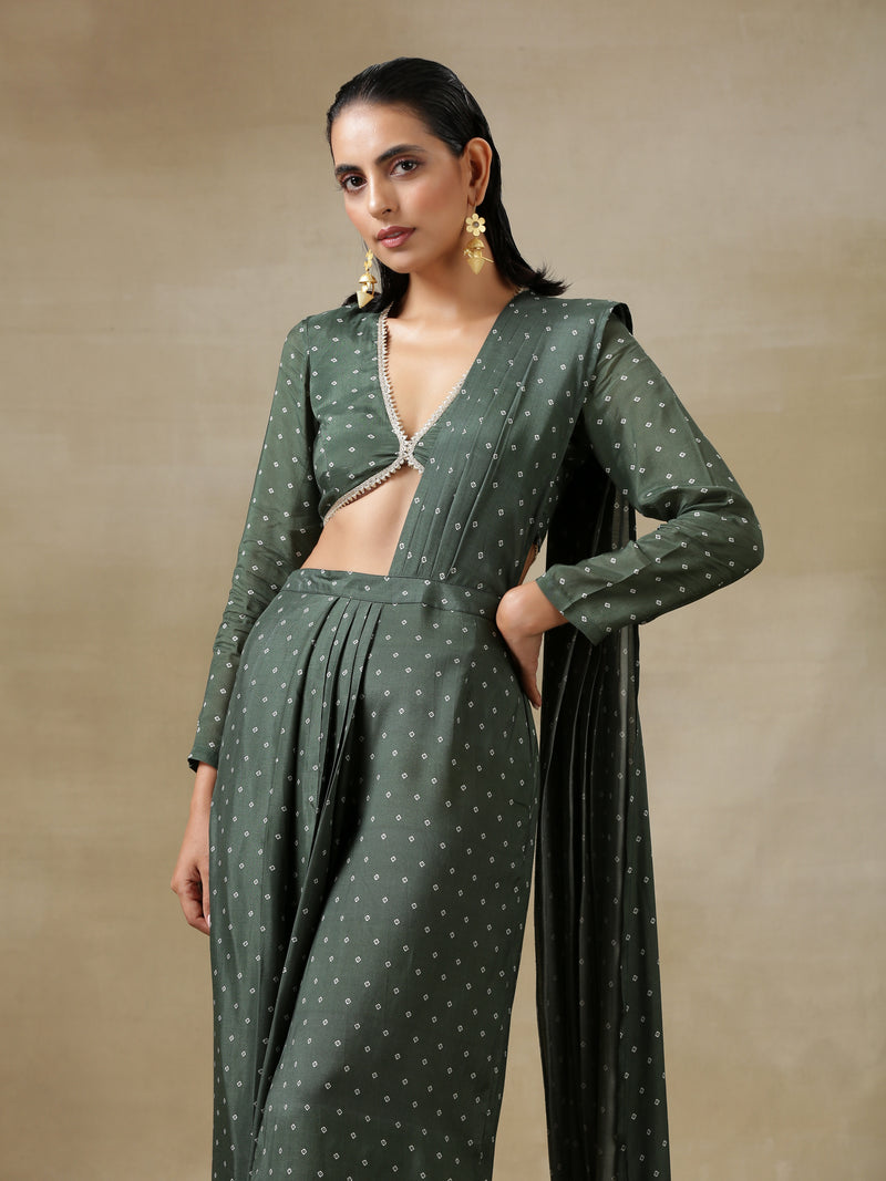 Dark Green Bandhani Printed Silk Ready To Wear Palazzo Saree