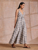 Grey Dabu Buta Print Cotton Sleeveless Dress