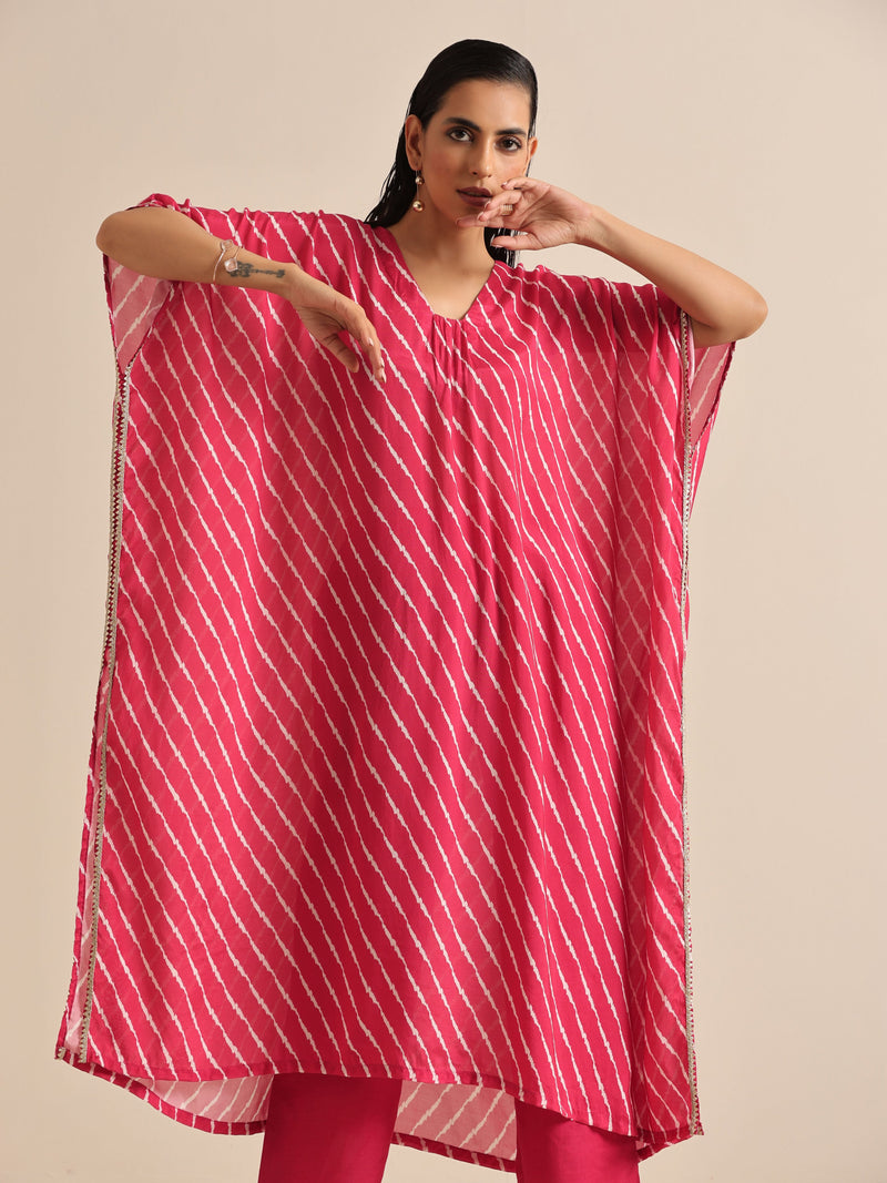 Pink Lehariya Printed Silk Kaftan Pant Set