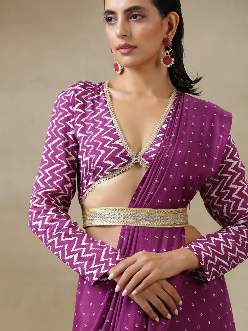 Purple Bandhani Printed Silk Full Sleeve Blouse
