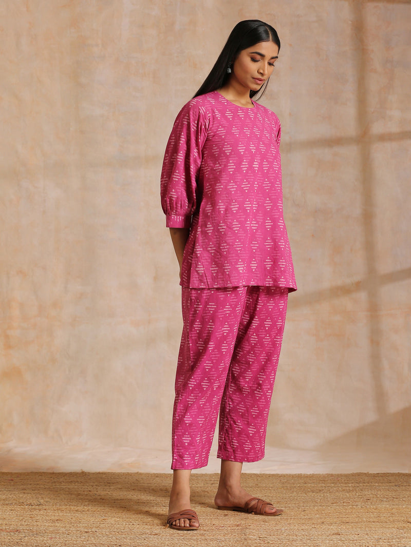 Pink Dabu Print Cotton Baggy Sleeve Co-Ord Set
