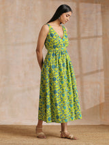 Lime Green Overall Teal Floral Block Print Cotton Sleeveless Wrap Dress