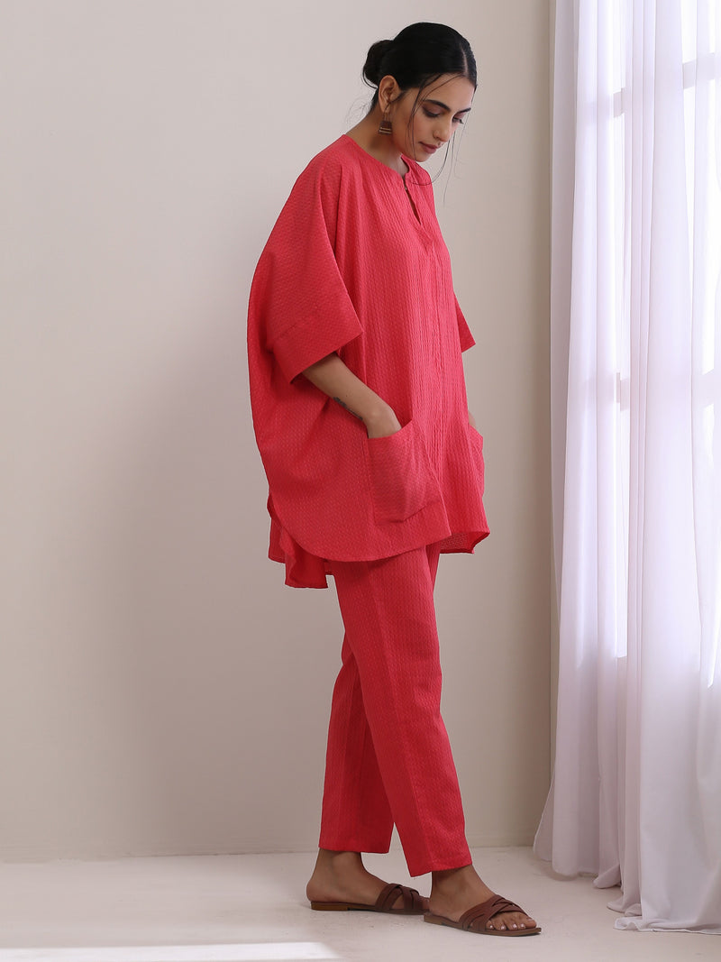 Bright Pink Dobby Boxy Fit High Low Co-Ord Set