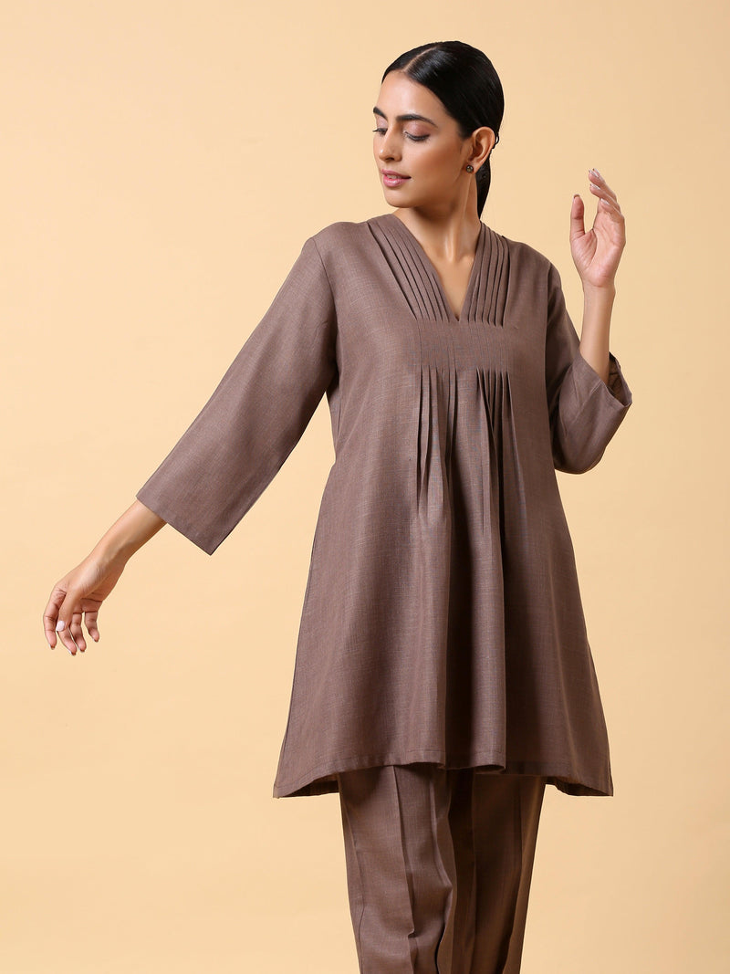 Cotton Linen Burnt Brown Pleated Co-Ord Set - trueBrowns