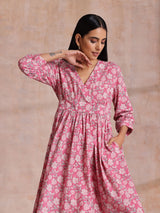 Pink Overall Floral Block Print Cotton Wrap Dress
