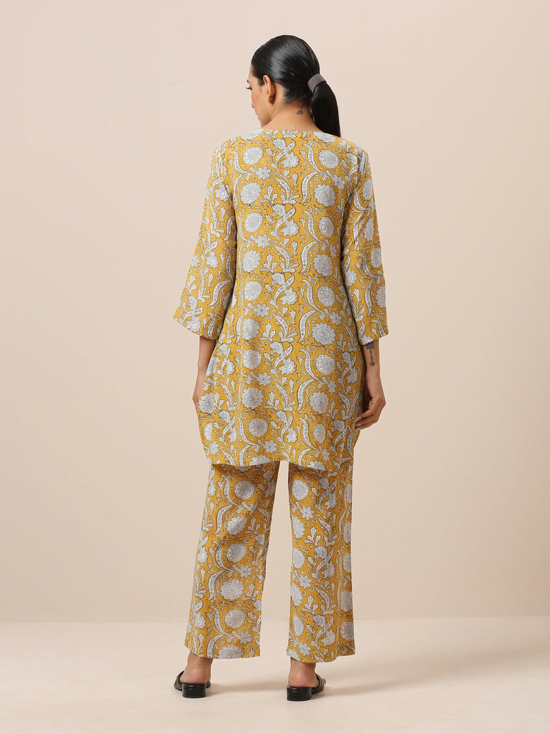 Cotton Hand Block Printed Yellow Co-Ord Set - trueBrowns