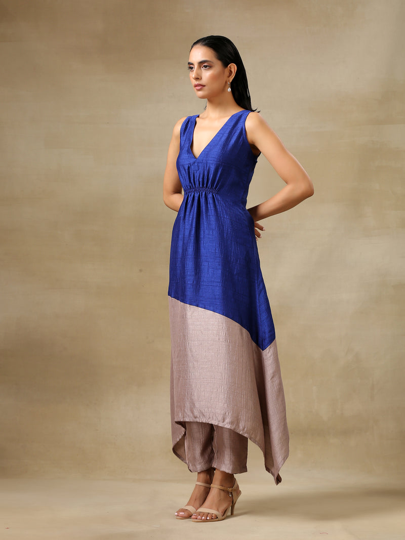 Blue and Grey Textured Silk Sleeveless Round Hemline Kurta Pant Set