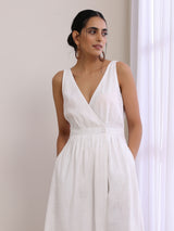 White Slub Texture Sleeveless Wrap Dress