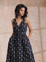 Black White Geometric Print Cotton Sleeveless Wrap Dress