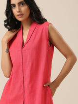 Bright Pink Slub Texture Sleevesless Jacket Pant Set