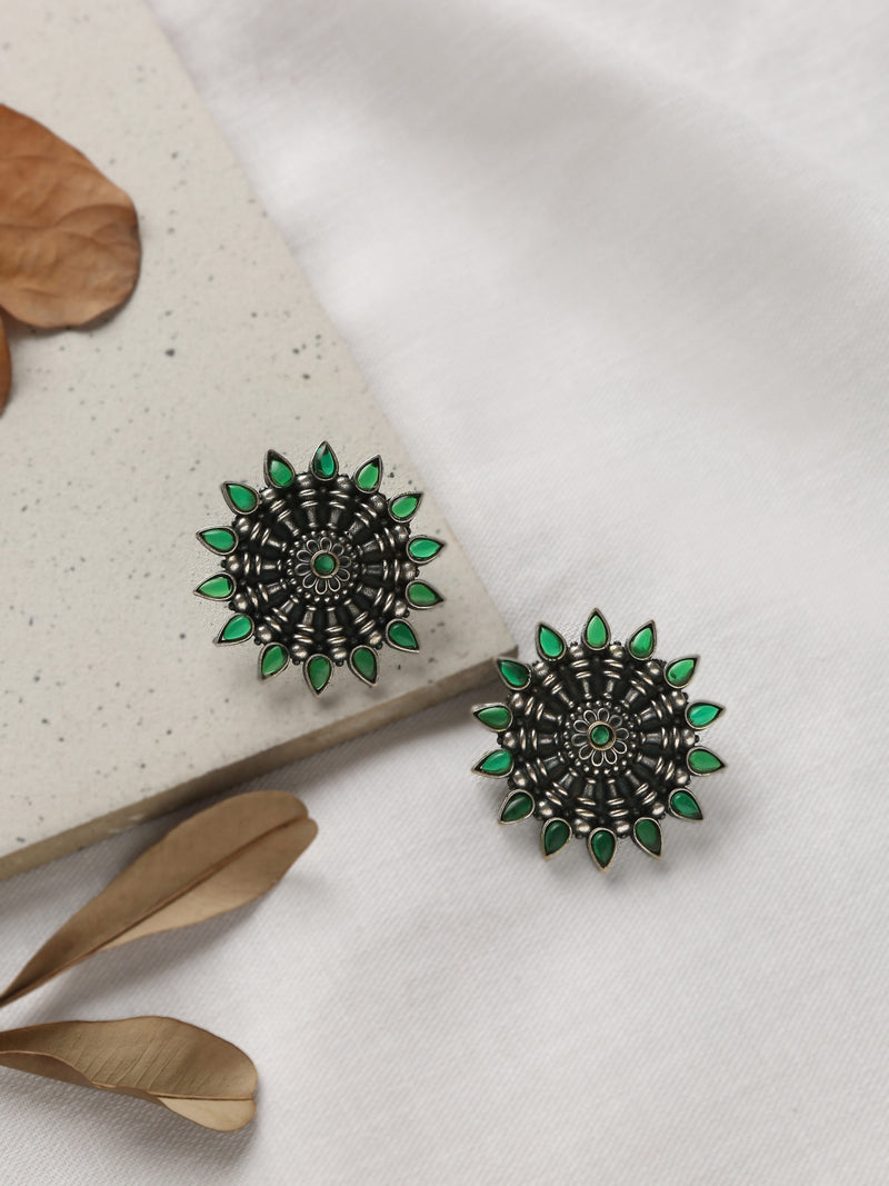 Silver-Plated Green Floral Stud Earrings