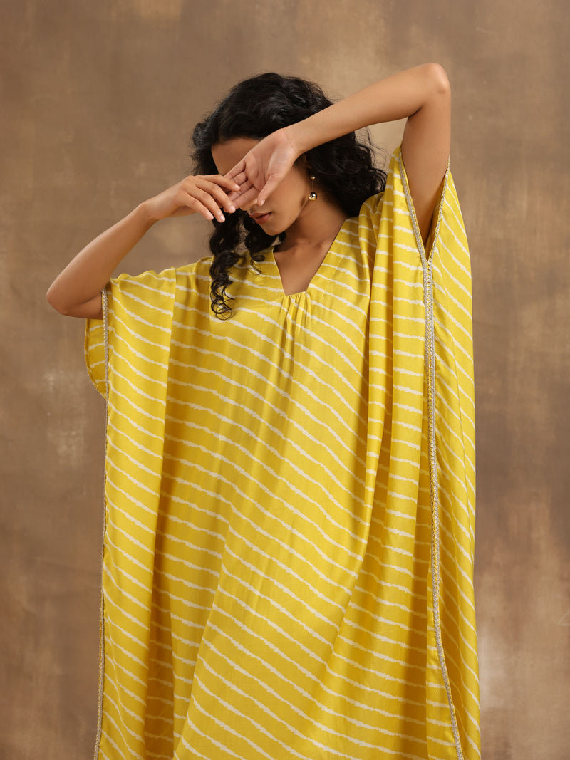 Lime Lehariya Printed Silk Kaftan Pant Set