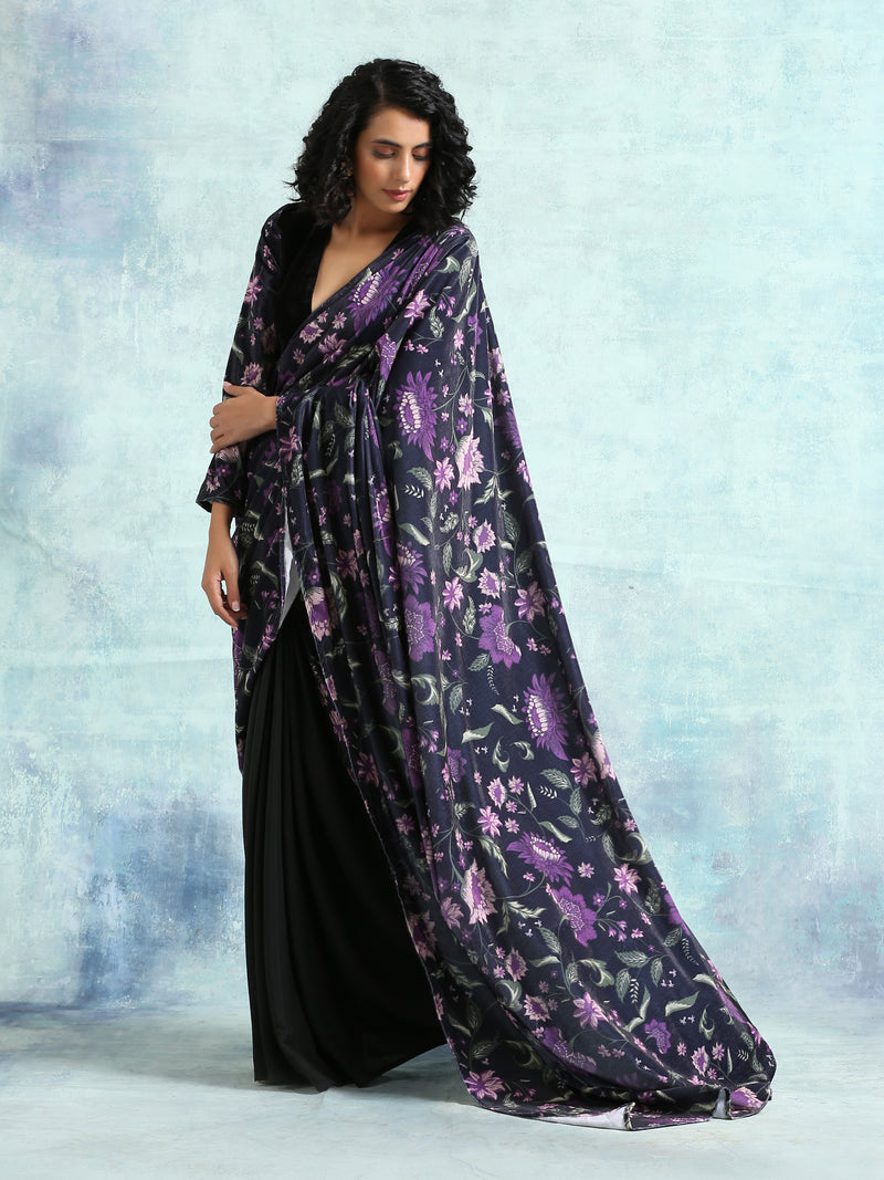 Black Printed Velvet Pre-Stitched Saree