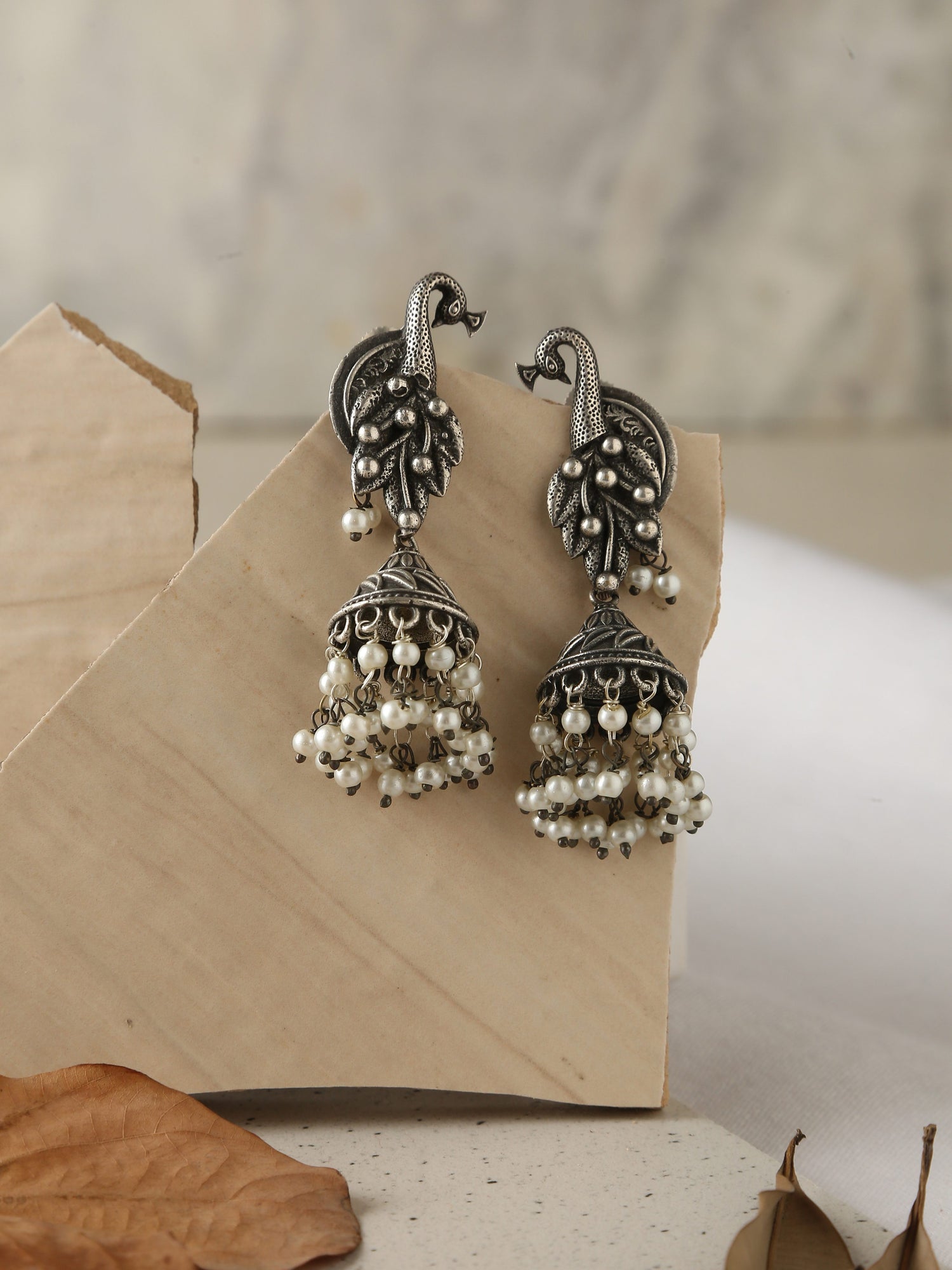 Silver-Plated Peacock Jhumka Earrings