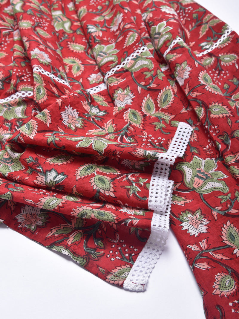 Red Overall Floral Block Print Cotton Stole