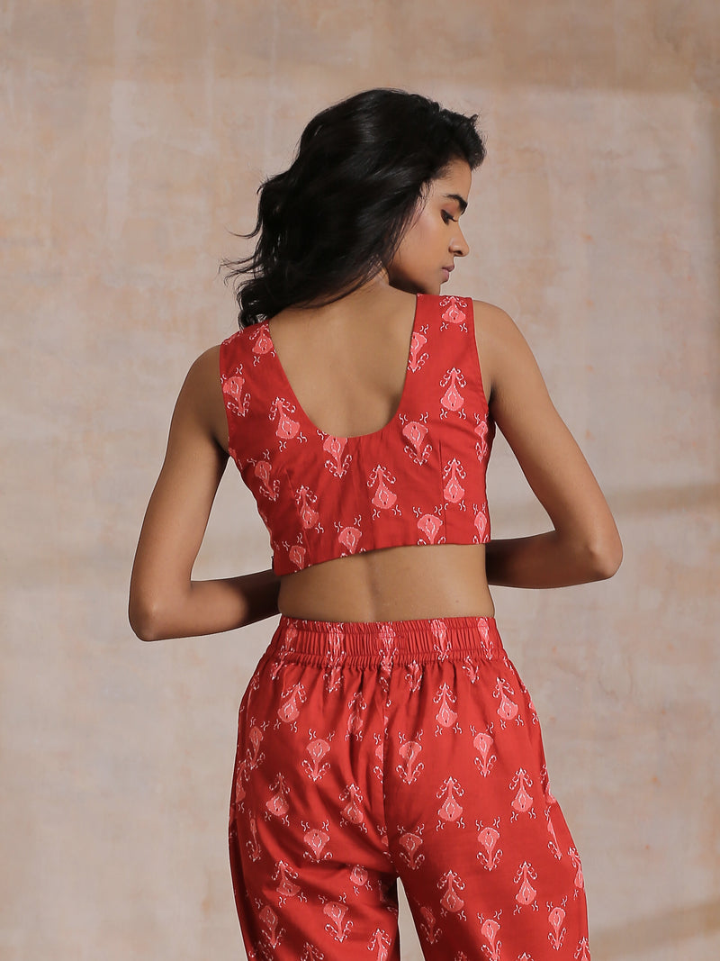 Red On Red Ikat Print Cotton Pant Suit Set