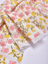 Pink Yellow Floral White Print Cotton Stole