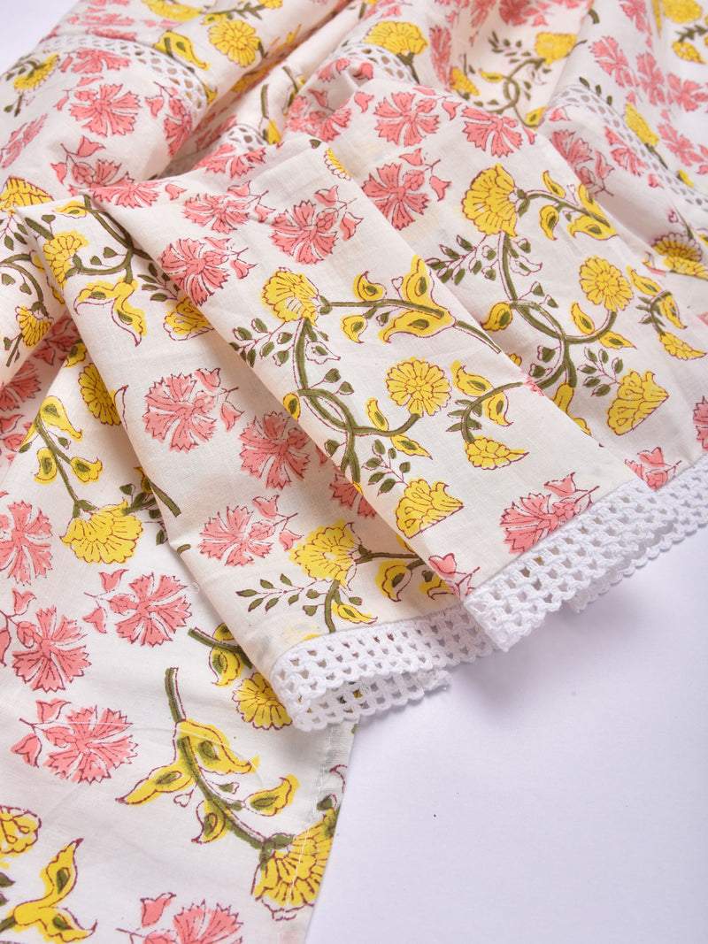 Pink Yellow Floral White Print Cotton Stole