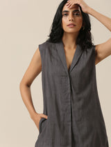 Slate Grey Slub Texture Sleevesless Jacket Pant Set