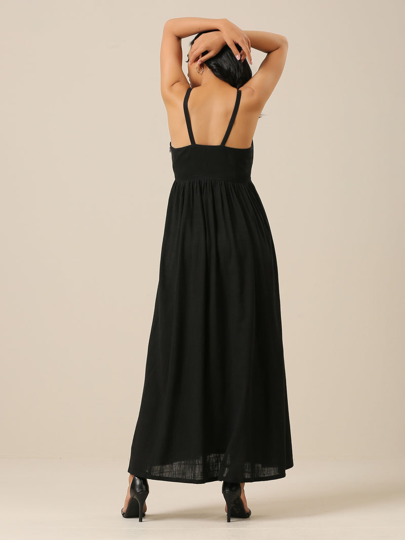 Black Slub Texture Sleeveless Dress