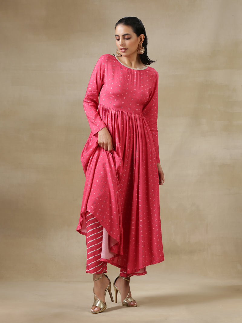 Pink Bandhani Printed Silk Anarkali Kurta Pant Dupatta Set