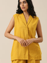 Mustard Yellow Slub Texture Sleevesless Jacket Pant Set