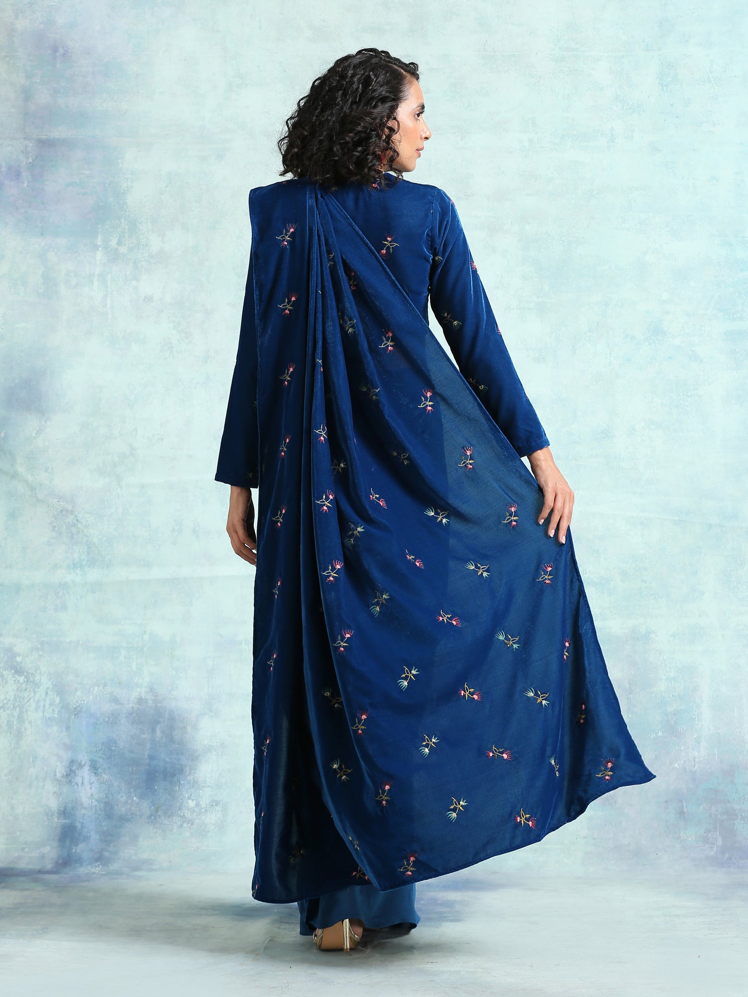 Blue Embroidered Velvet Pre-Stitched Saree