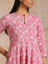 Pink Overall Floral Block Print Cotton Flared Kurta Pant Set