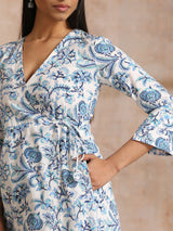 White With Overall Blue Print Cotton Angrakha Kurta Pant Set