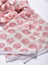 Pink Buta On White Print Cotton Stole