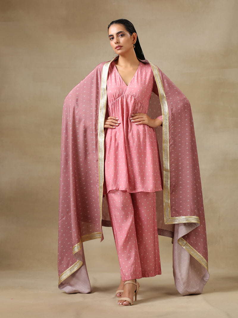 Light Mauve Bandhani Printed Silk Flared Kurta Pant Dupatta Set
