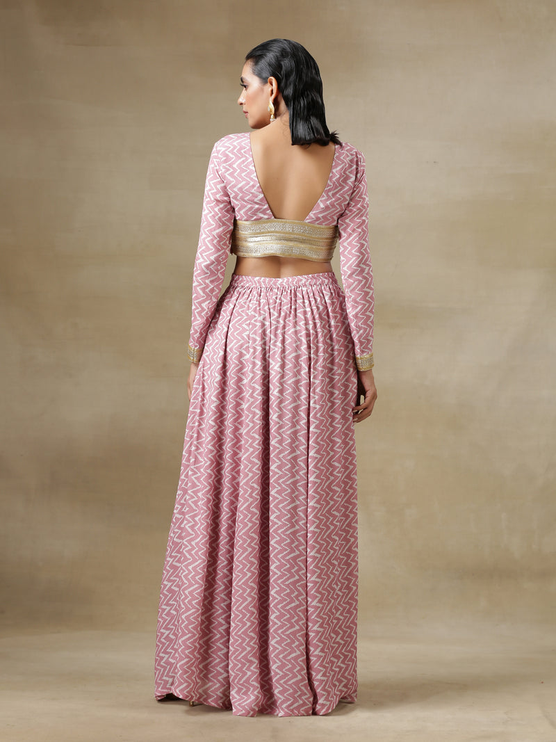 Light Mauve Bandhani Printed Silk Top Skirt Set