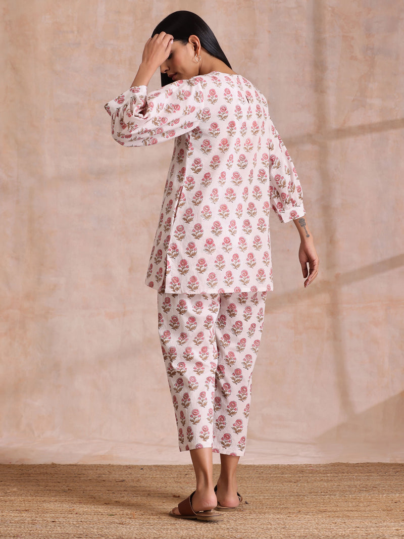 Pink Brown Buta On White Block Print Cotton Baggy Sleeve Co-Ord Set