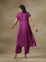 Purple Bandhani Printed Silk Drop Shoulder Kurta Pant Set
