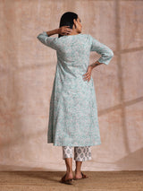 Tiffany Blue Floral Block Print Cotton Front Neck Gathered Kurta Pant Set