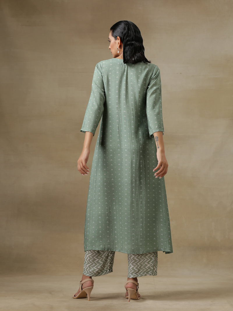 Light Green Bandhani Printed Silk High Slit Kurta Pant Set