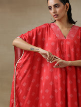 Red Bandhani Printed Silk Panel Kaftan Kurta Pant Set