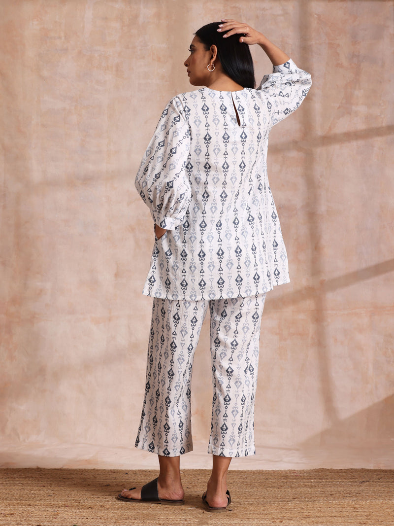 Grey On White Ikat Print Cotton Baggy Sleeve Co-Ord Set
