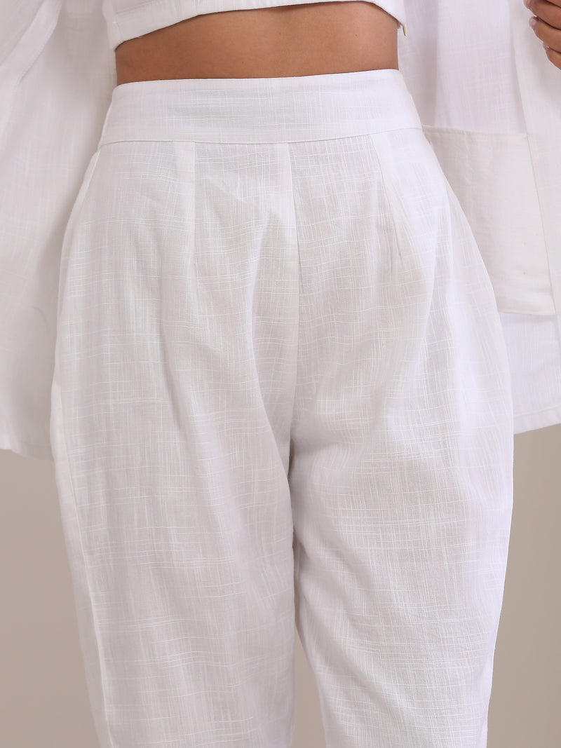 White Slub Texture Pant Suit Set