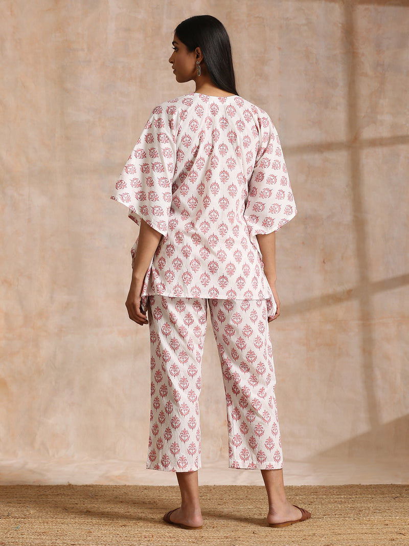 Pink Buta On White Block Print Cotton Kaftan Co-Ord Set