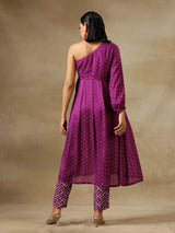 Purple Bandhani Printed Silk One Shoulder Kurta Pant Set