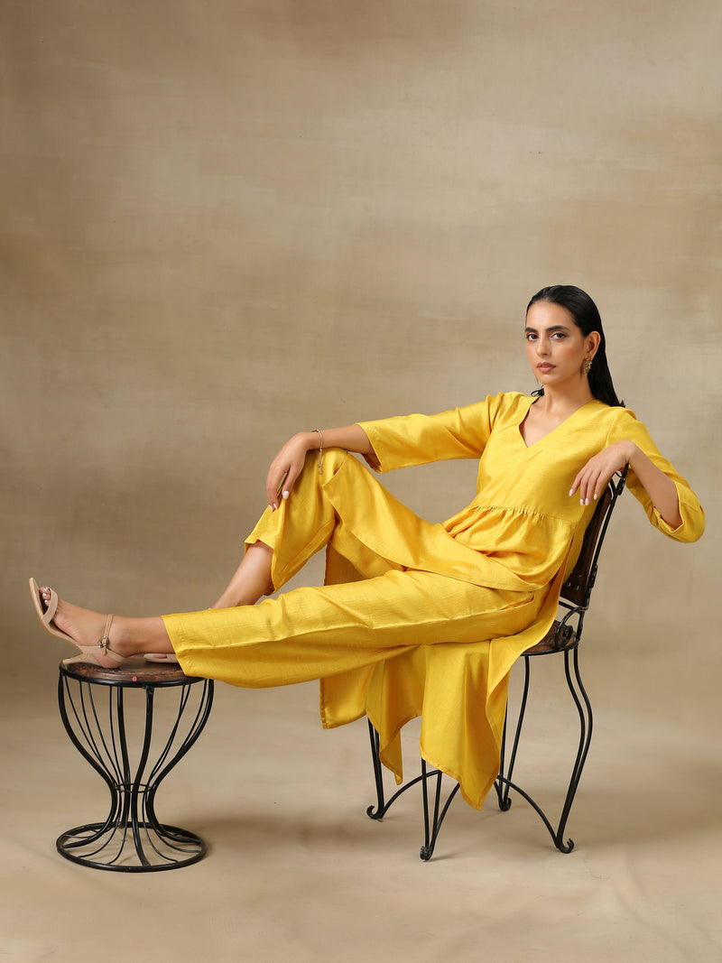 Yellow Textured Silk High Slit Gathered Kurta Set