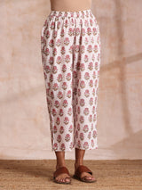 Pink Brown Buta On White Block Print Cotton Baggy Sleeve Co-Ord Set