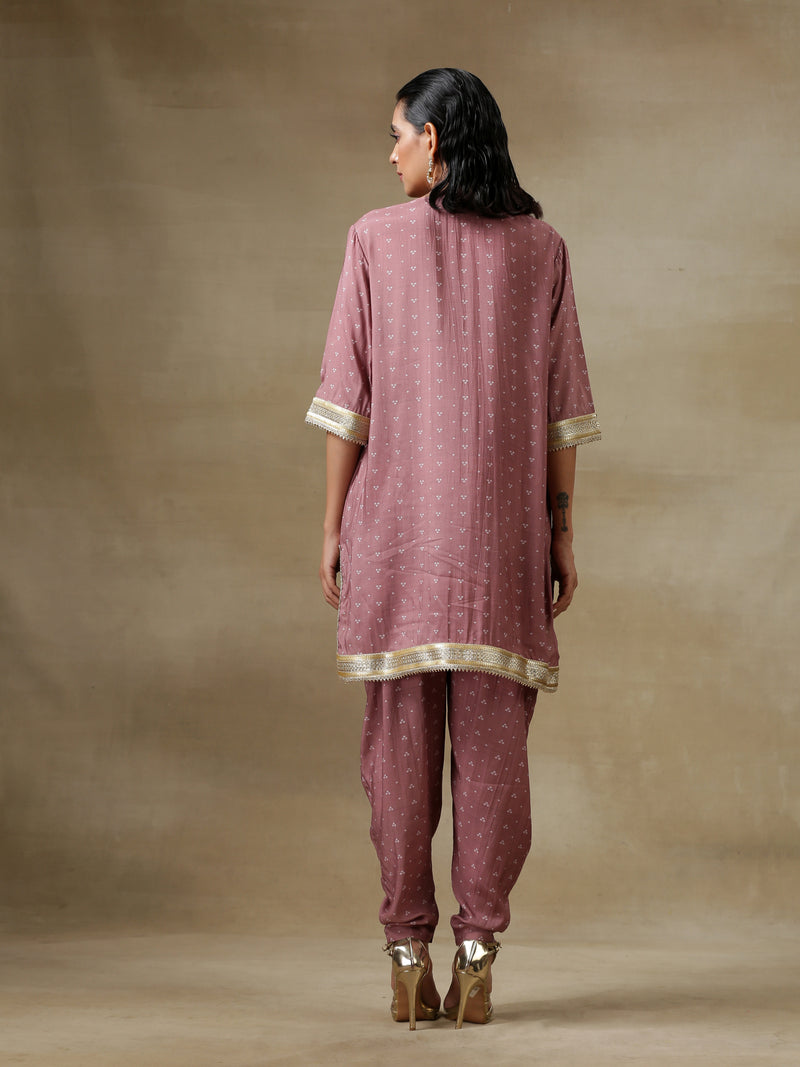 Dark Mauve Bandhani Printed Silk Loose Kurta Dhoti Pant Set